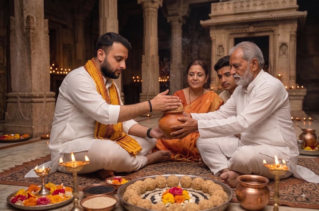 Family performing puja with Pandit Ji at a temple in Gaya